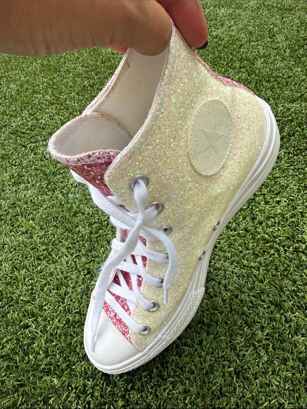 Converse All Star Pink and White Glitter High-Top Platform Sneakers - Picture 8 of 8